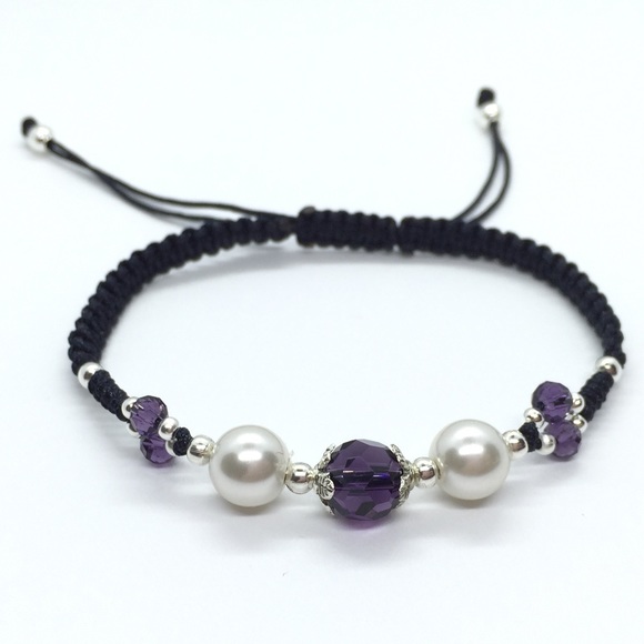 Ivory Glass Pearls w/ Purple Crystal Bracelet - Picture 1 of 5